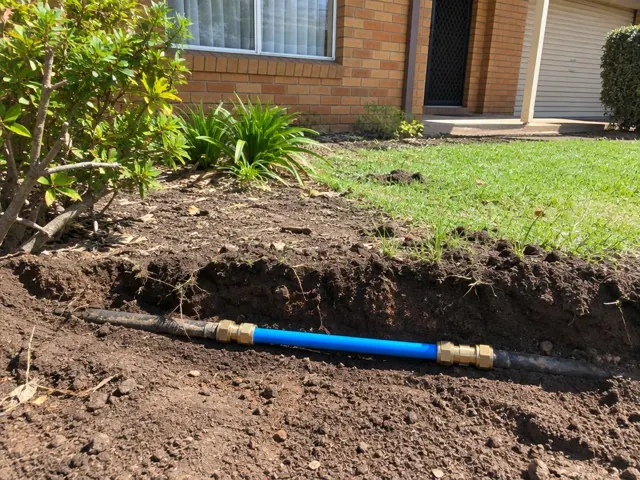 Exposed repaired blue water pipe in a dirt trench beside a brick house in Carramar